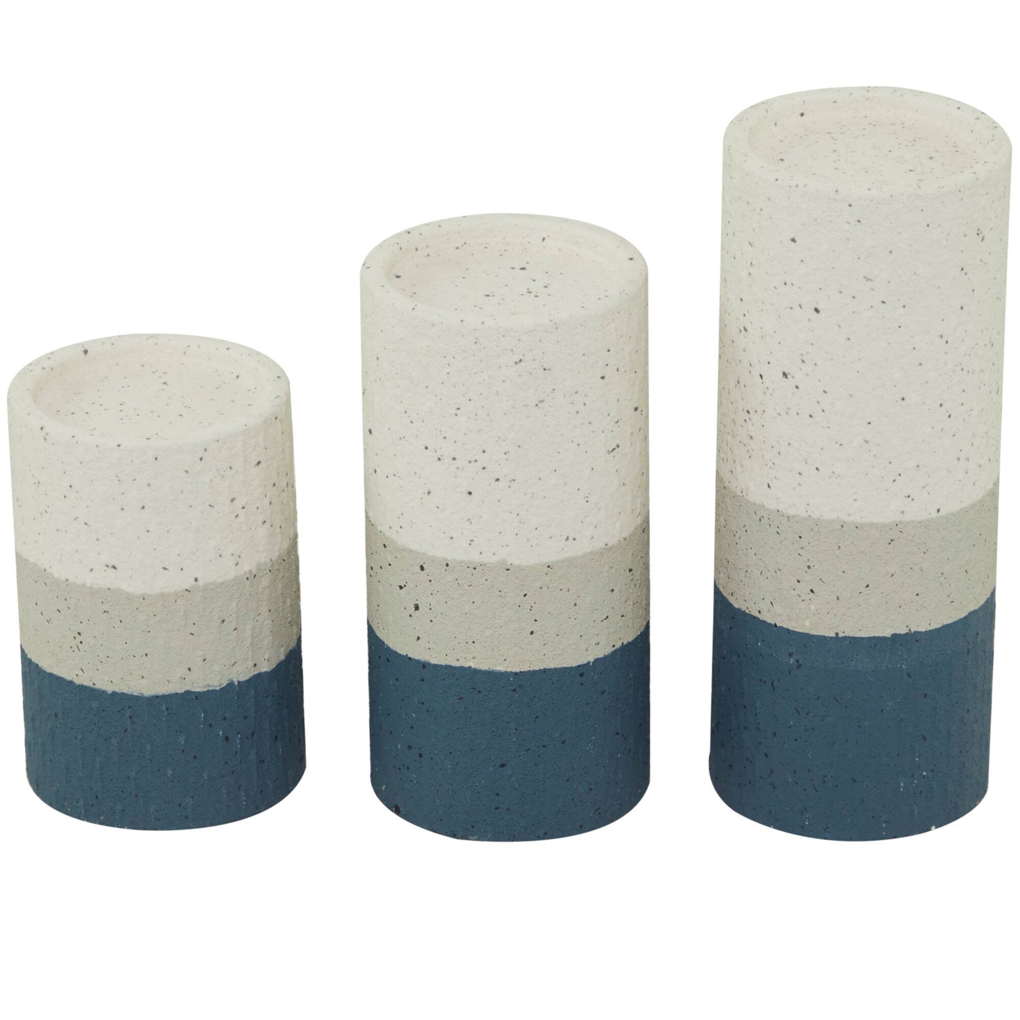 Blue Metal Striped Pillar Candle Holder Set